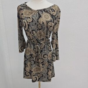 Mud Pie Black and Beige Paisley Tie-Waist Long Sleeve Dress